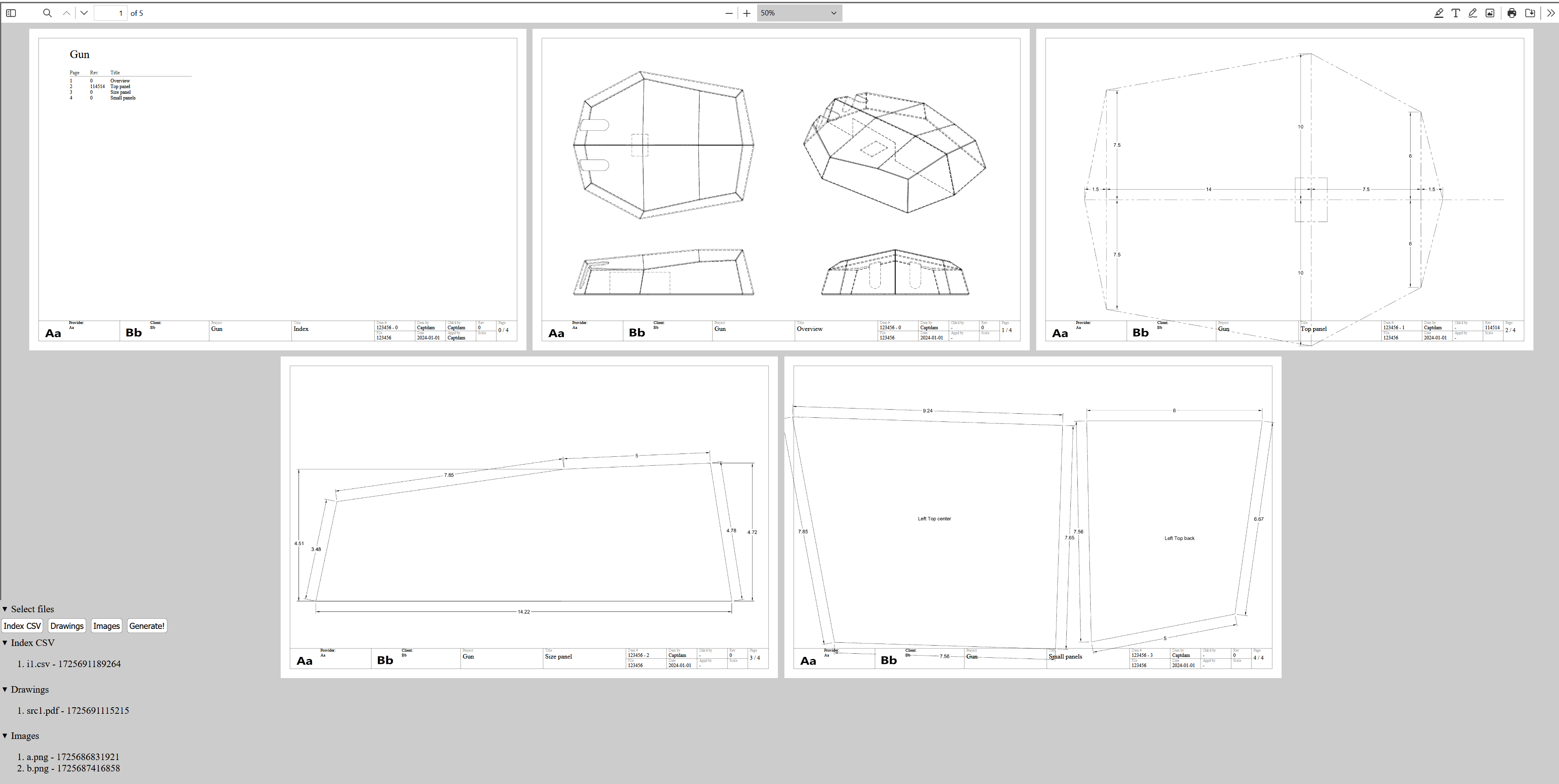 Result PDF with titleblock and index page